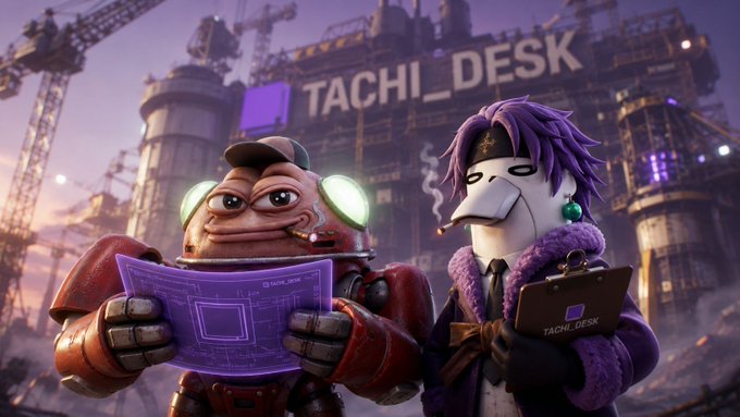 The image features two cartoon characters standing next to each other, one of them reading a book while the other character has a laptop open. The background shows an industrial setting with construction cranes and buildings, suggesting that they are in a city or urban environment. The caption for this image reads "$TACHI $BNKR Tachi Desk is an all-in-one AI desktop hub (chat + code + nodes + media) that runs without a terminal, requires zero setup, and comes with a native crypto wallet built in".