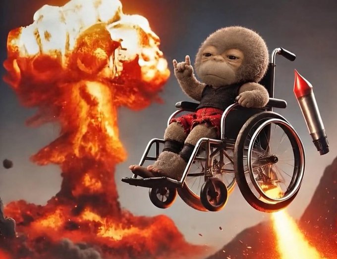 A determined little monkey in a wheelchair rockets through the air with a jet-powered middle finger salute, soaring past a massive fiery mushroom cloud explosion. The image perfectly captures the post's defiant "ape into $Bub" energy—embracing the chaos of meme coin launches with attitude, as the fearless primate literally blasts off from the blast, ready to ride the volatility to the moon.