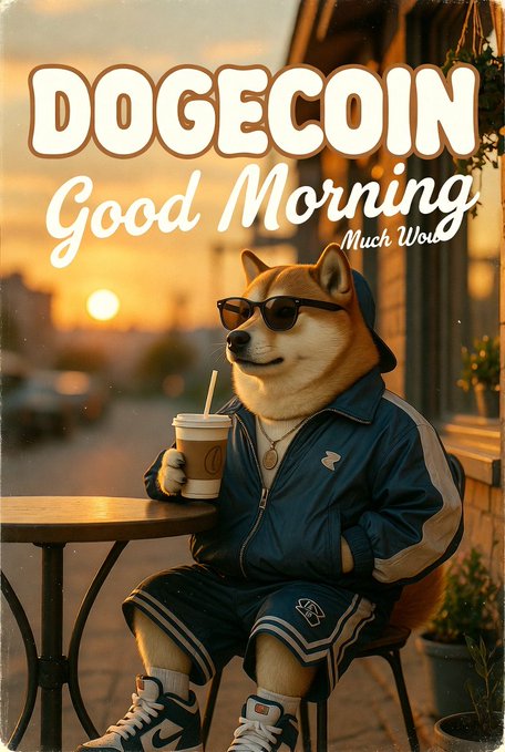 The image features a cartoon dog wearing sunglasses and holding a cup of coffee while sitting at an outdoor table. The text above the dog reads "DOGE coin Good morning Much WO!", which suggests that the image is related to the concept of DOGE coin, possibly promoting it as a good morning activity or a way to start the day with some caffeine.