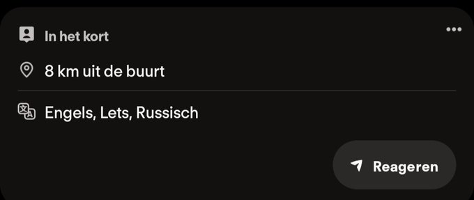 A dark mobile interface displays 'In het kort,' '8 km uit de buurt,' and 'Engels, Lets, Russisch' with a 'Reageren' button.