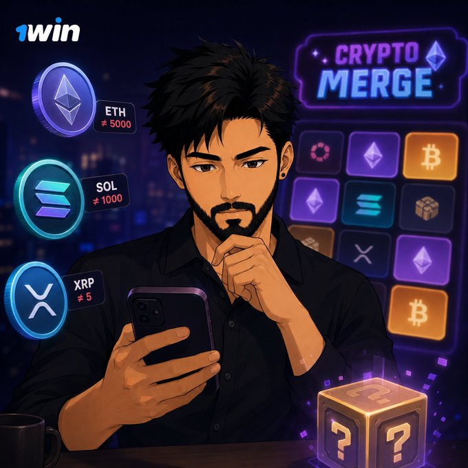 Anime-style illustration promoting 1win's 'Crypto Merge' game, showing a man looking at his phone surrounded by cryptocurrency icons including ETH (5000), SOL (1000), and XRP (5), with a mystery box at the bottom.