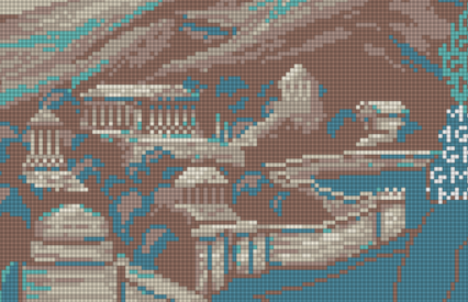 A pixelated, glitch-art style image shows an abstract landscape in muted brown and teal colors.