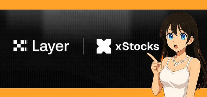A promotional banner with orange borders features the logos 'Layer' and 'xStocks' alongside an anime-style woman with long brown hair and blue eyes pointing toward the text.