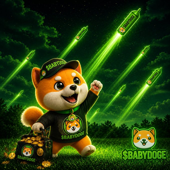 A digital illustration features a cartoon Shiba Inu dog wearing a '$BABYDOGE' cap and shirt, holding a treasure bag of coins, with green rocket-like objects labeled '$BABYDOGE' launching through a starry green sky.
