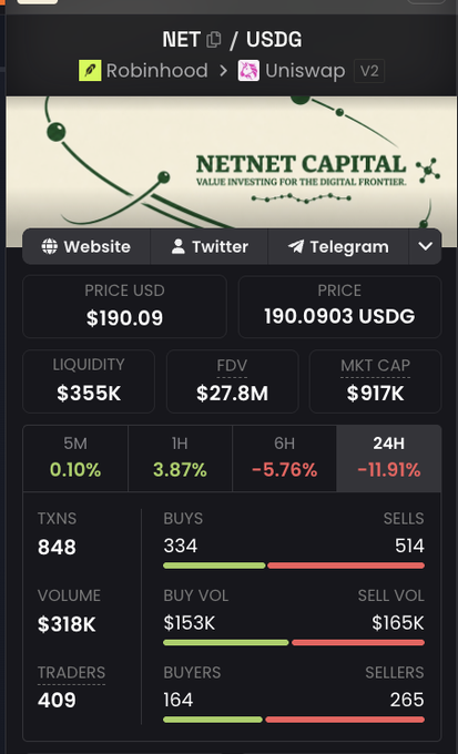 Cryptocurrency dashboard showing NET/USDG token trading data with $190.09 USD price, $355K liquidity, $917K market cap, and performance metrics showing -11.91% in 24H.