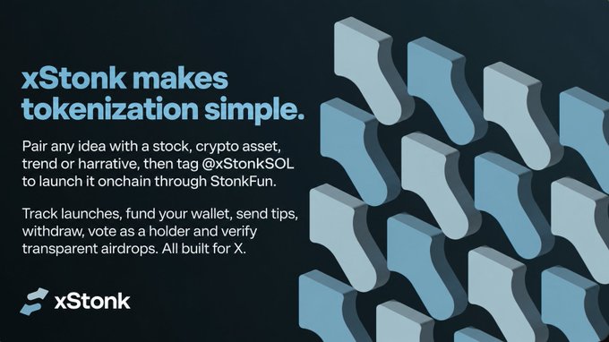 A promotional graphic for xStonk reading "xStonk makes tokenization simple," explaining how to pair ideas with assets and launch them onchain through StonkFun.