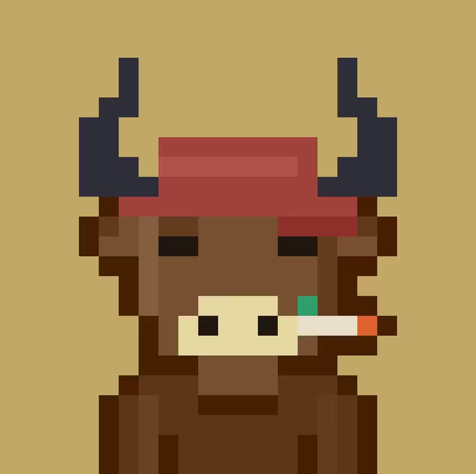 A pixel art illustration depicts a brown bull or cow character wearing a red headband and smoking a lit cigarette against a beige background.