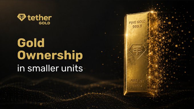 A Tether Gold (XAUT) advertisement reading 'Gold Ownership in smaller units' alongside an image of a 1000g fine gold 999.9 bar.