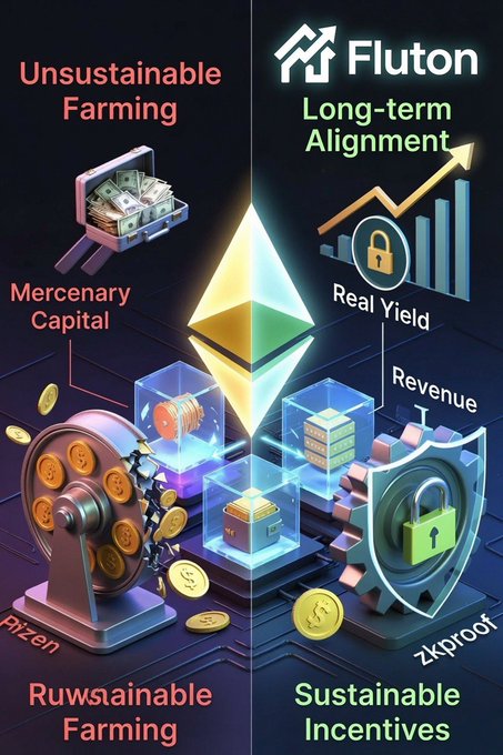 The image shows a 3D rendering of a coin slot with various coins inside, along with a shield and a lock. The text above the coins reads "RUNTAINABLE FARMING", while below the coins there are descriptions of different types of farming activities such as "mercenary capital", "real yield", and "revenue". Below these descriptions is a list of terms related to DeFi, including "long-term alignment", "unstaintable farming", "merchantary capital", and "zproof incentives".