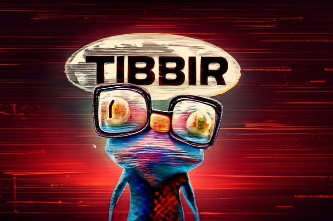 A blue frog character wearing oversized square glasses appears behind a speech bubble reading "TIBBIR," set against a glitchy red digital background. The post highlights the memecoin $TIBBIR and its whale accumulation of 10,000,181 tokens (~$1.86M) representing 1% of supply, with the frog mascot serving as the project's quirky visual identity.