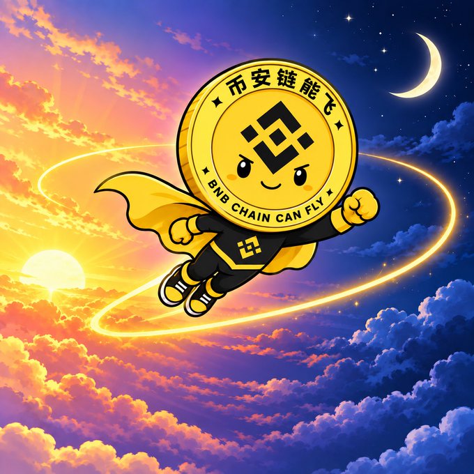 A cartoon mascot wearing a gold cape flies through a sky with both sun and moon, featuring the Binance logo and text "BNB CHAIN CAN FLY" along with Chinese characters.