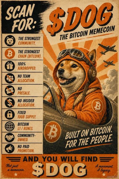 A vintage-style poster for '$DOG THE BITCOIN MEMECOIN' featuring a Shiba Inu dog dressed as a pilot, with promotional text highlighting features like '100% AIRDROPPED' and 'BITCOIN LI / RUNES'.