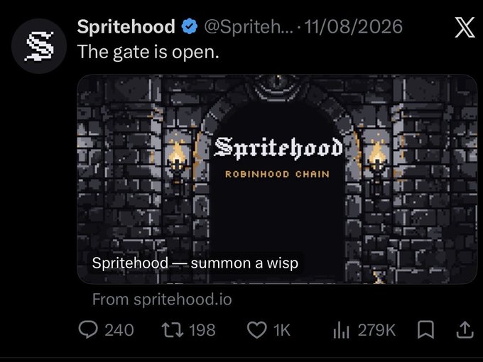 A pixel art social media post from Spritehood (@Spritehood) dated 11/08/2026 reading 'The gate is open.' featuring a stone archway illustration for 'Spritehood — Robinhood Chain'.