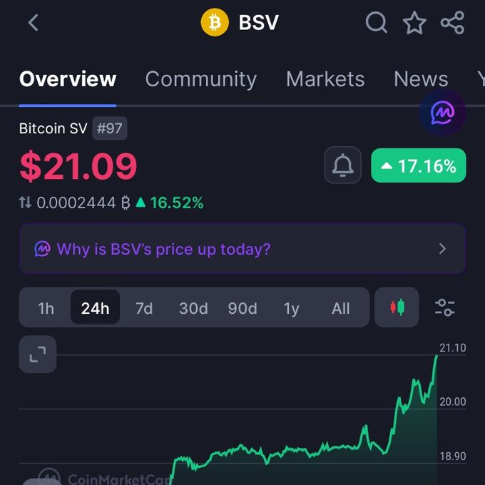 CoinMarketCap showing Bitcoin SV (BSV) price at $21.09, up 17.16% over 24 hours, with a price chart displaying a sharp upward trend toward 21.10.