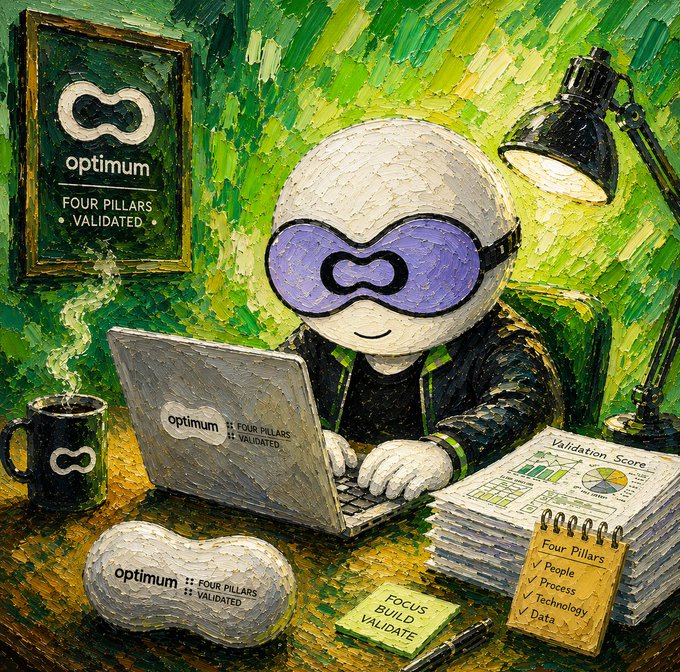 An impressionist-style oil painting depicts a white, round-headed character wearing a purple sleep mask, working on a laptop branded with 'optimum :: FOUR PILLARS :: VALIDATED.' The desk is cluttered with a coffee mug, sticky notes reading 'FOCUS BUILD VALIDATE,' and a notebook listing 'Four Pillars: People, Process, Technology, Data' with checkmarks next to each, while a framed poster on the green wall reads 'optimum FOUR PILLARS VALIDATED.'