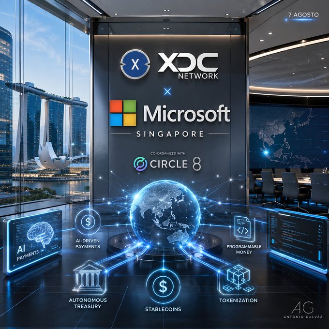 A futuristic promotional graphic dated 7 AGOSTO announcing an XDC Network x Microsoft Singapore event co-organized with Circle 8, highlighting AI Payments, AI-Driven Payments, Autonomous Treasury, Stablecoins, Programmable Money, and Tokenization.