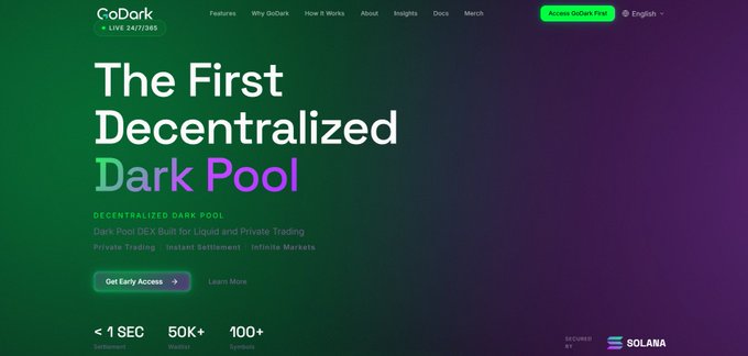 A website screenshot for 'CoDork' promoting 'The First Decentralized Dark Pool,' a DEX built for Liquid and Private Trading, featuring metrics like < 1 SEC Settlement, 50K+ Wallets, and 100+ Symbols, powered by Solana.