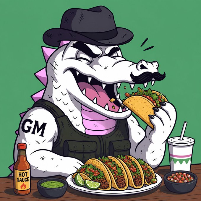 The image features a cartoon illustration of a white alligator wearing a black hat, holding up a plate with several tacos on it. The text "Happy Taco Tuesday Everyone showing up today deserves a taco from croc. Every Quacker showing up today deserves a whole table of tacos" is present in the image. This suggests that there are multiple tacos available for everyone to enjoy at this gathering.