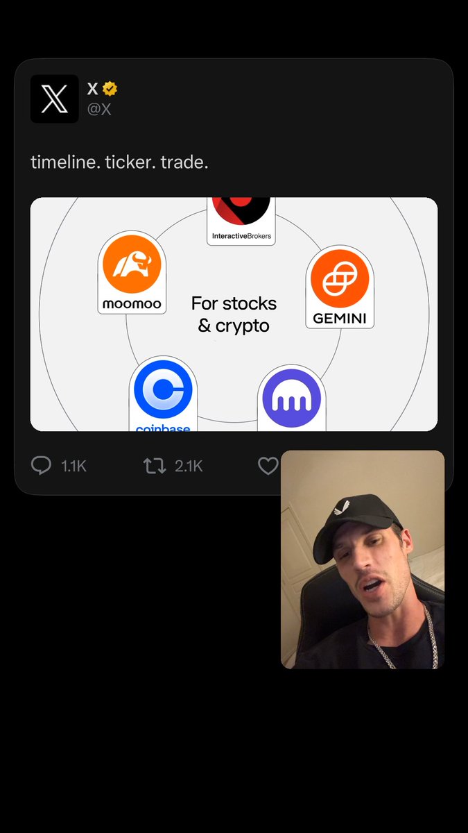 A social media post from X by @X displays logos for trading platforms Moomoo, Gemini, and Coinbase under the text "timeline. ticker. trade." and "For stocks & crypto," with a man's face in a small video window below.