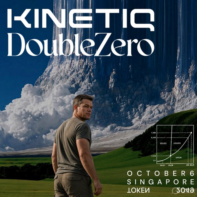 The promotional poster advertises "KINETIC DoubleZero" with an event on "OCTOBER 6 SINGAPORE @ TOKEN2049," featuring a man in an olive t-shirt standing in a green field beneath towering dramatic clouds, complementing the "See you there" post as an invitation to the upcoming Singapore event.