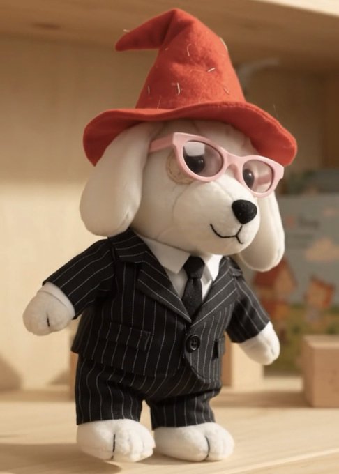 A white plush dog toy is dressed in a pinstripe suit with a black tie, wearing pink glasses and a red witch-style hat.