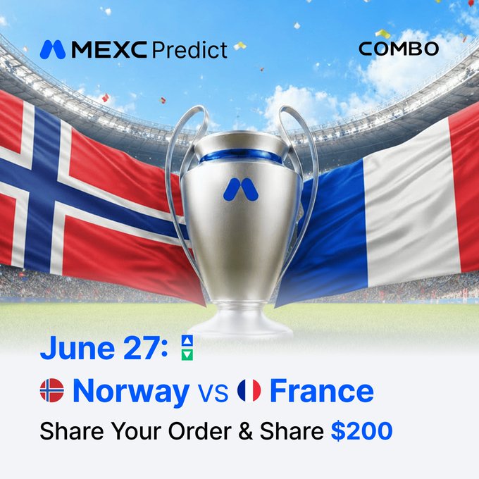 A promotional graphic for MEXC Predict featuring a UEFA Champions League-style trophy flanked by Norway and France flags, announcing a "Share Your Order & Share $200" contest for the June 27 Norway vs France match, which corresponds to the accompanying post's invitation to predict on the showdown between Haaland and Mbappé.