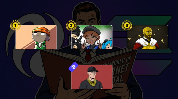 Gaming/Web3 promotional graphic featuring a man reading "World of Internet Capital" book with three ranked NFT/character icons labeled 1, 2, and 3.