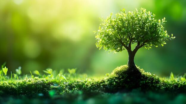 A small tree with lush green leaves grows from a mossy mound, bathed in warm sunlight with a soft bokeh background.