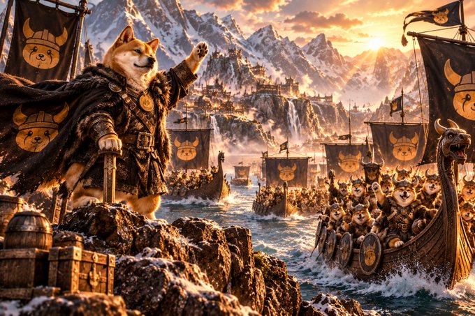 A fantasy illustration of a Shiba Inu dog dressed as a Viking warrior leading an army of dogs on longships, flying banners with the dog's face, towards a mountain fortress.