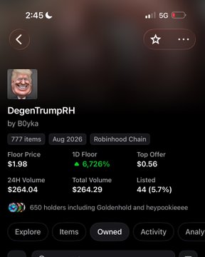 The image shows a Robinhood Chain NFT collection page for "DegenTrumpRH" by B0yka, displaying a 5,726% increase in floor price to $1.98 with a 24H volume of $264.04 and 650 holders including Goldenhold and heypoekieeee. This aligns with the post claiming a free mint that recently surged in value, with the holder list (5.7% listed) suggesting multiple wallet acquisitions via the "Copy b0t" mentioned.