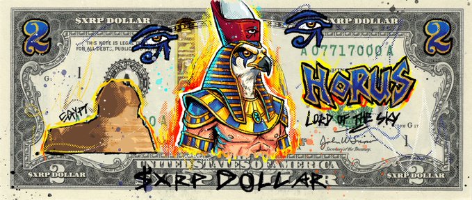 Artwork titled "SXRP DOLLAR" featuring Egyptian pharaoh imagery, an Eye of Horus, and graffiti-style text reading "HORUS LORD OF THE SKY" on a stylized two-dollar bill design.