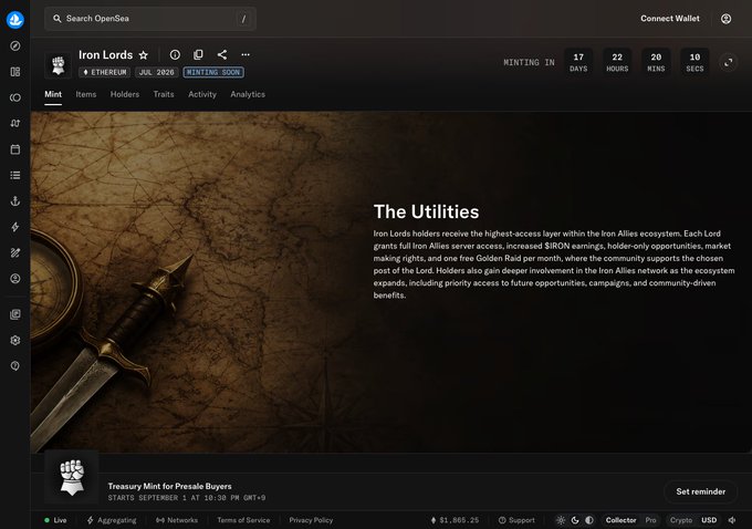 An OpenSea NFT project page for 'Iron Lords' on Ethereum, described as 'The Utilities' with a minting timer counting down and a 'Treasury Mint for Presale Buyers' section.