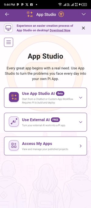 Screenshot of the "App Studio" interface by Go+ AI, showing options to "Use App Studio AI", "Use External AI", and "Access My Apps" with text about creating AI apps.