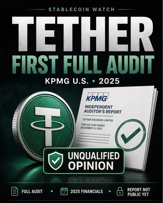 A promotional graphic reading 'STABLECOIN WATCH TETHER FIRST FULL AUDIT KPMG U.S. 2025' featuring a Tether coin and an 'UNQUALIFIED OPINION' report document.