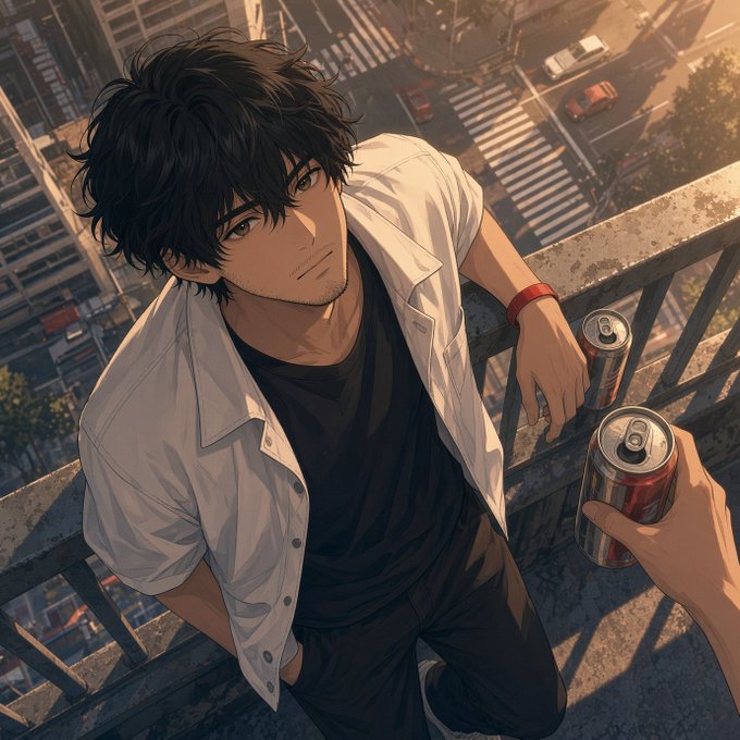 An anime-style illustration depicts a young man with messy black hair in a white shirt leaning against a rooftop railing at sunset, holding a soda can while looking up at the viewer who offers another can.