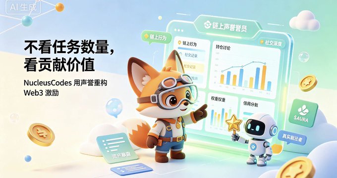 An AI-generated promotional graphic featuring a cartoon fox mascot and robot beside a dashboard, with Chinese text reading '不看任务数量，看贡献价值' and 'NucleusCodes 用声誉重构 Web3 激励'.
