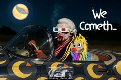 A cartoon illustration showing two people in a convertible car under a moonlit sky, with the text 'We Cometh..' and a small character overlay.