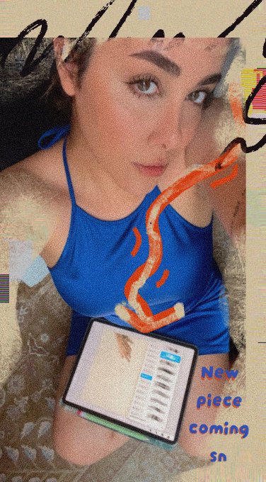 A selfie-style image of a woman in a blue halter top with digital glitch effects and red scribbles, holding a tablet with text reading "New piece coming sn".