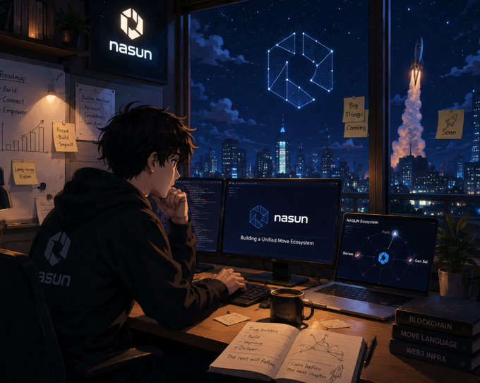 An anime-style illustration of a person wearing a 'nasun' hoodie working at a desk with multiple monitors displaying the 'nasun' logo and 'Building a Unified Move Ecosystem,' with a rocket launch and city skyline visible through the window.