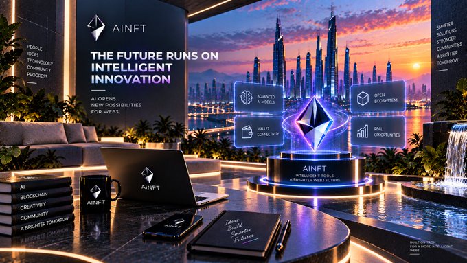 A futuristic promotional display for 'AINFT' features the Ethereum logo alongside text reading 'THE FUTURE RUNS ON INTELLIGENT INNOVATION,' 'WALLET CONNECTIVITY,' 'OPEN ECOSYSTEM,' and 'REAL WORLD OPPORTUNITIES.'