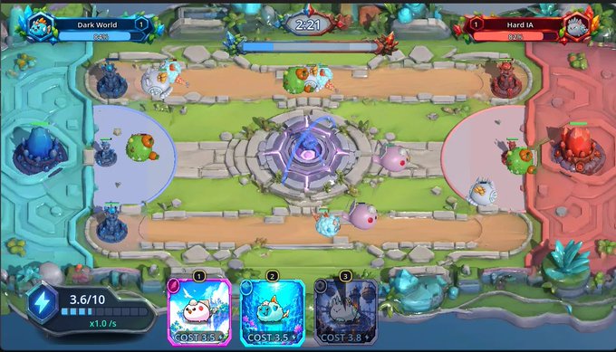 A 1v1 Axie Infinity-style battler game interface showing a 3-lane arena with a timer reading 2:21, featuring three Axie team cards at the bottom (cost 3.5, 3.5, and 3.8) ready to battle on the field. The game has players "Dark World" (0%) vs "Hard IA" (0%), demonstrating the playable build concept from the Axie Vibeathon AI development project.