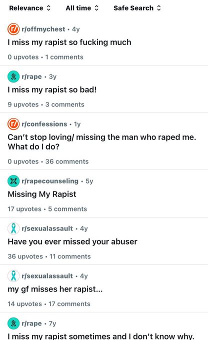 The image shows Reddit search results from various subreddits (r/offmychest, r/rape, r/confessions, r/rapecounseling, r/sexualassault) featuring titles such as "I miss my rapist so fucking much," "Can't stop loving/missing the man who raped me," and "Missing My Rapist." The accompanying post mocks "average pumpfun user" by implying that memecoin traders on the Pump.fun platform rationalize or remain loyal to their "abuser" (likely referencing a rug pull or failed project) in a disturbing parallel to survivors of trauma.
