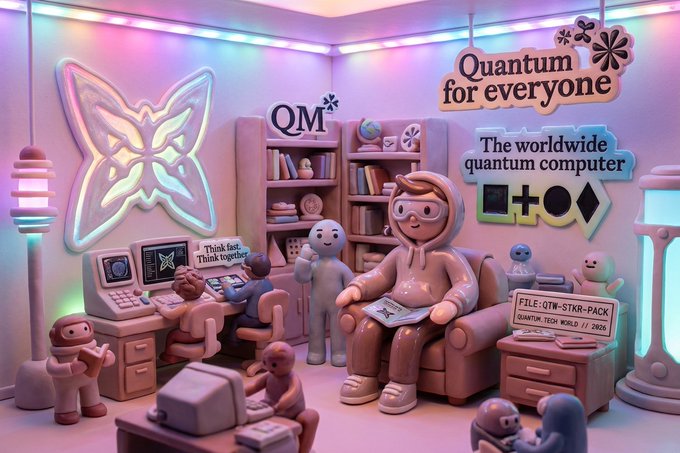 A whimsical 3D-rendered diorama in pastel pink and purple tones depicting a "Quantum for everyone" scene with cartoon figures using computers, with text reading "QM," "The worldwide quantum computer," and "FILE: QTM-STKR-PACK QUANTUM TECH WORLD // 2026."
