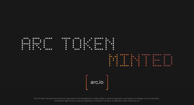 A digital display announces 'ARC TOKEN MINTED' in a dotted LED-style font with '[ arc.io ]' below on a black background.