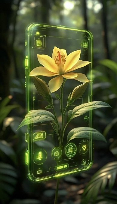 A digital art piece depicting a yellow lily flower encased within a glowing green futuristic holographic smartphone interface in a forest setting.