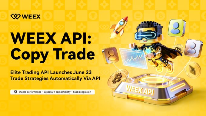 The image is a screenshot of a WEEX Postcard advertisement, which features a cartoon robot wearing a cape flying above different trade symbols such as Bitcoin (BTC) and Ripple (XRP). The poster highlights a new copy trading API launched byWEEX that allows users to automatically execute their trading strategy via an API. This automation feature enables traders to focus on other aspects of the market while leveraging technology for efficient trade execution, making it a valuable tool for those seeking strategic advantage in the markets.