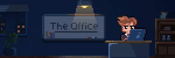 A pixel art scene depicts a person with orange hair sitting at a desk working on a laptop beneath a sign reading 'The Office', illuminated by a hanging lamp.