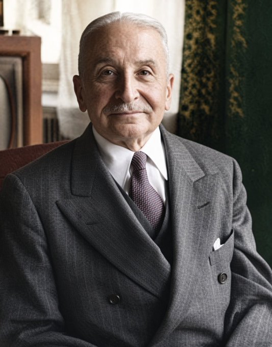 A portrait of an elderly gentleman with white hair and a mustache, wearing a gray double-breasted pinstripe suit with a patterned purple tie and white pocket square, seated in front of a dark green patterned wall.