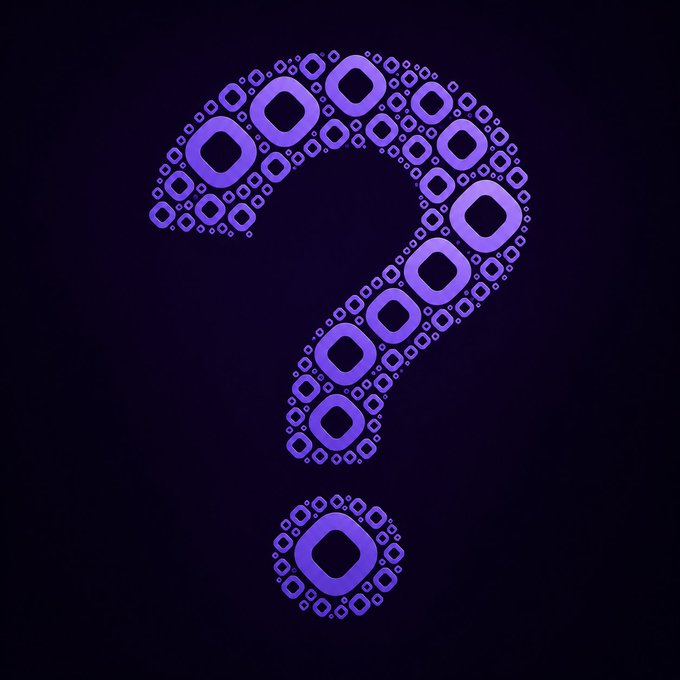 A large purple question mark composed of smaller squares and diamond shapes on a dark background.