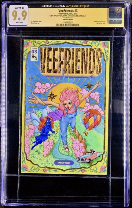 A graded CGC 9.9 'VeeFriends #3' comic book featuring colorful artwork of a character with pink hair flying over a landscape with a hot air balloon.